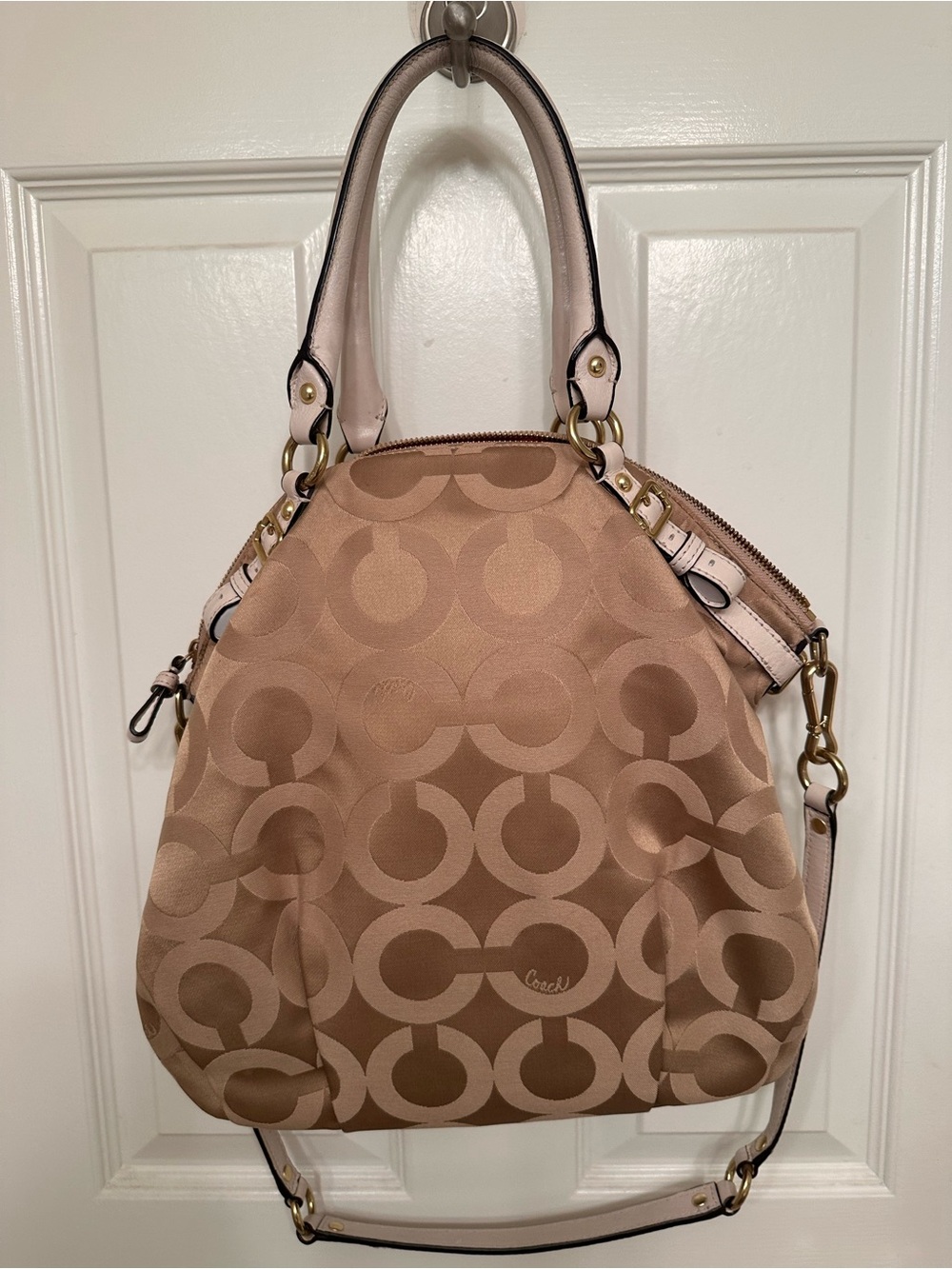 Coach Madison Op Art Tan Signature Shoulder Bag with Gold Hardware - Picture 2 of 10